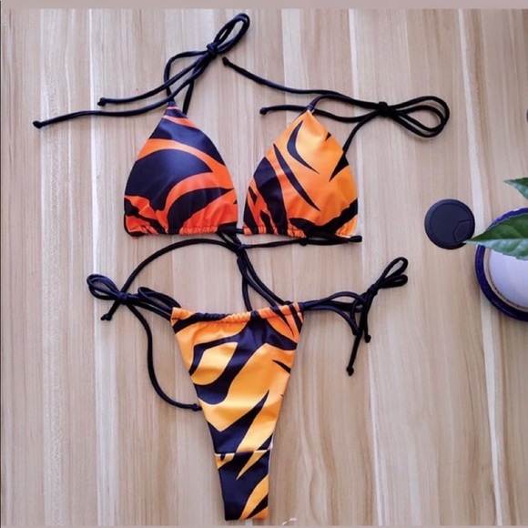 Tiger Print Orange and Black String Bikini - Picture 1 of 6